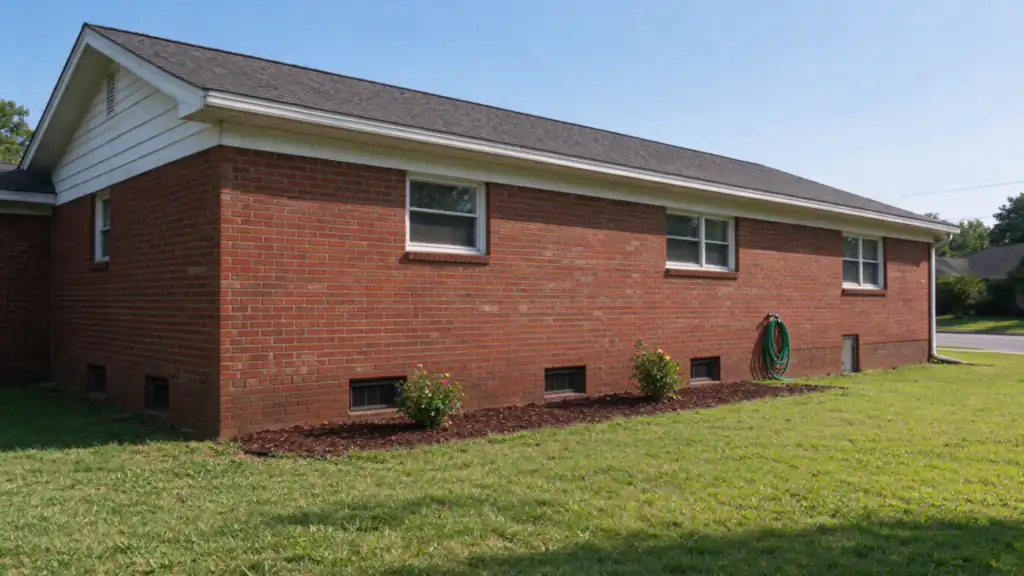 Brick ranch house in Charlotte with foundation vents along a crawl space, seen from the side yard